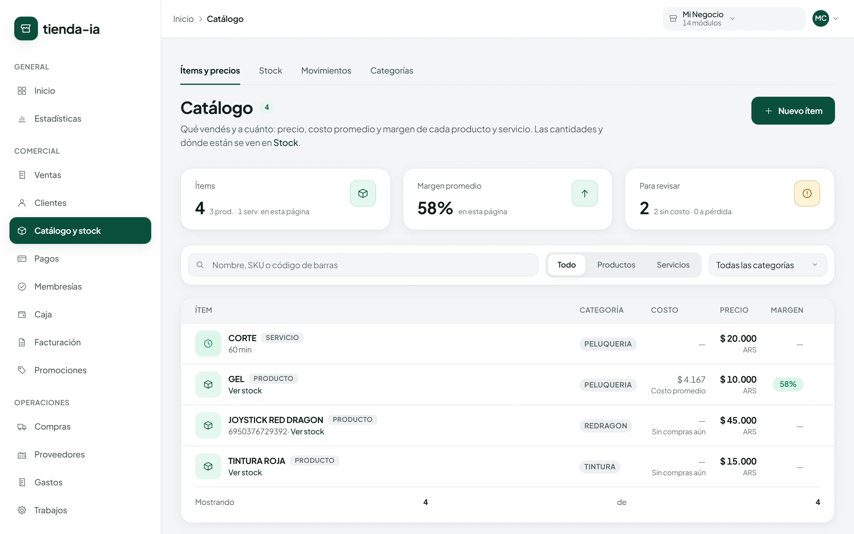 Catálogo del sistema TiendaIA: productos y servicios con precio, costo y margen