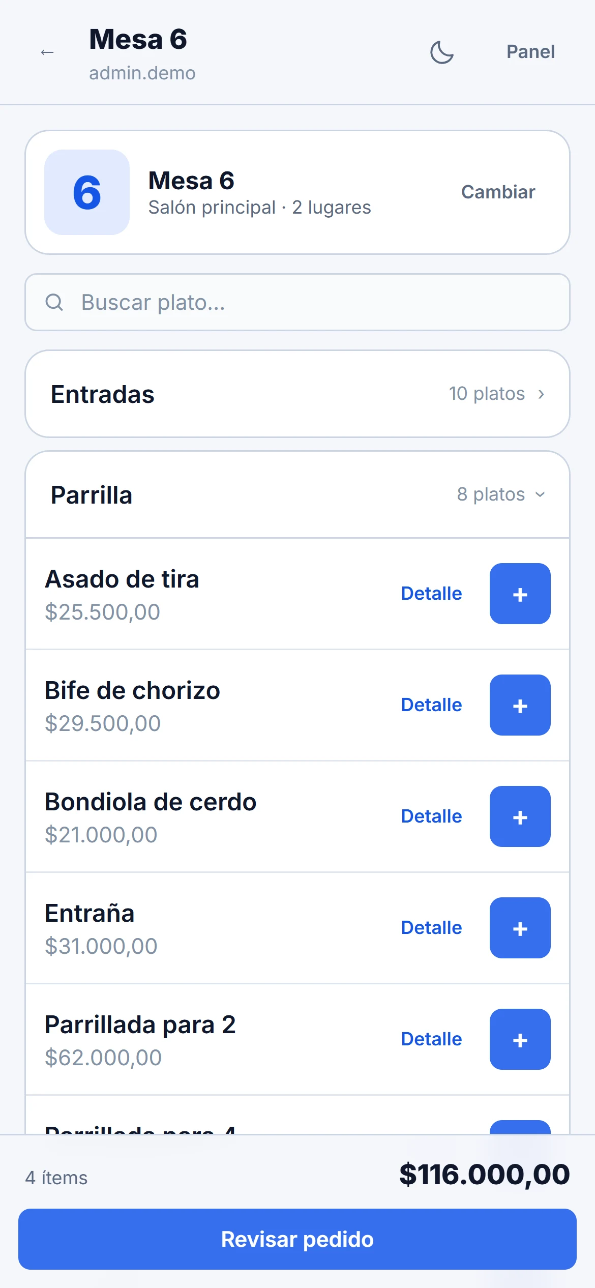 Celular del mozo cargando los platos de la mesa 6 desde la carta