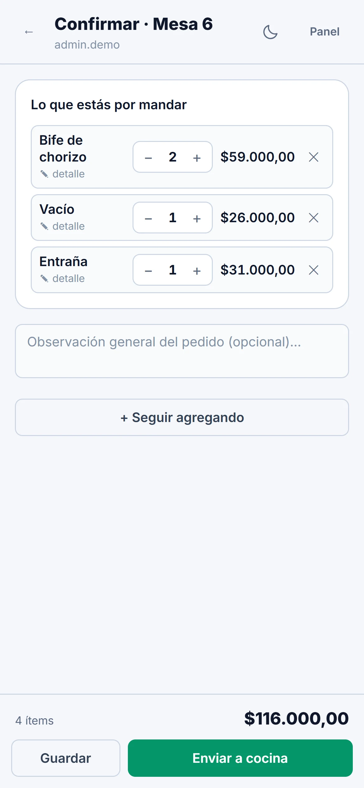 Celular del mozo confirmando el pedido de la mesa 6 antes de enviarlo a la cocina