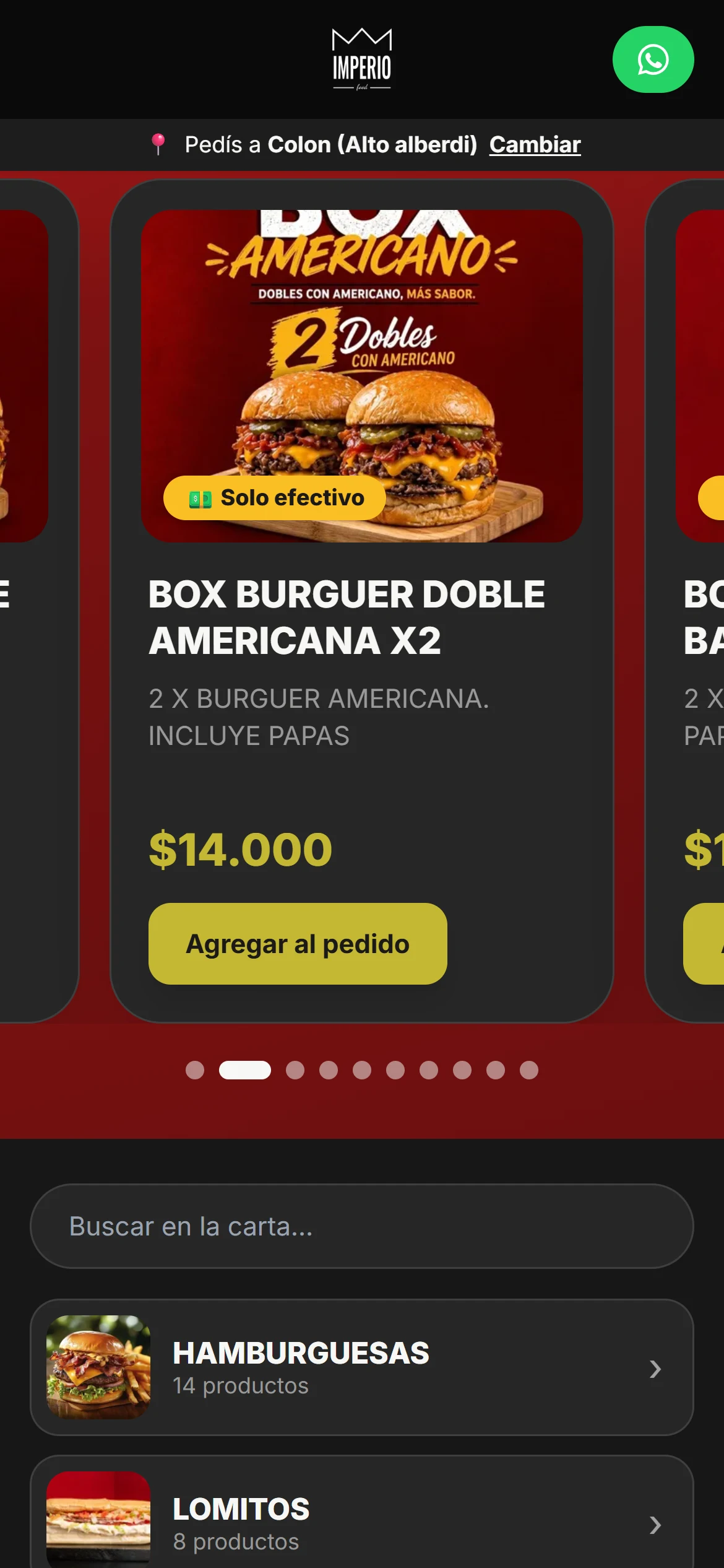 El carrusel de combos de la tienda, con el precio y el aviso Solo efectivo