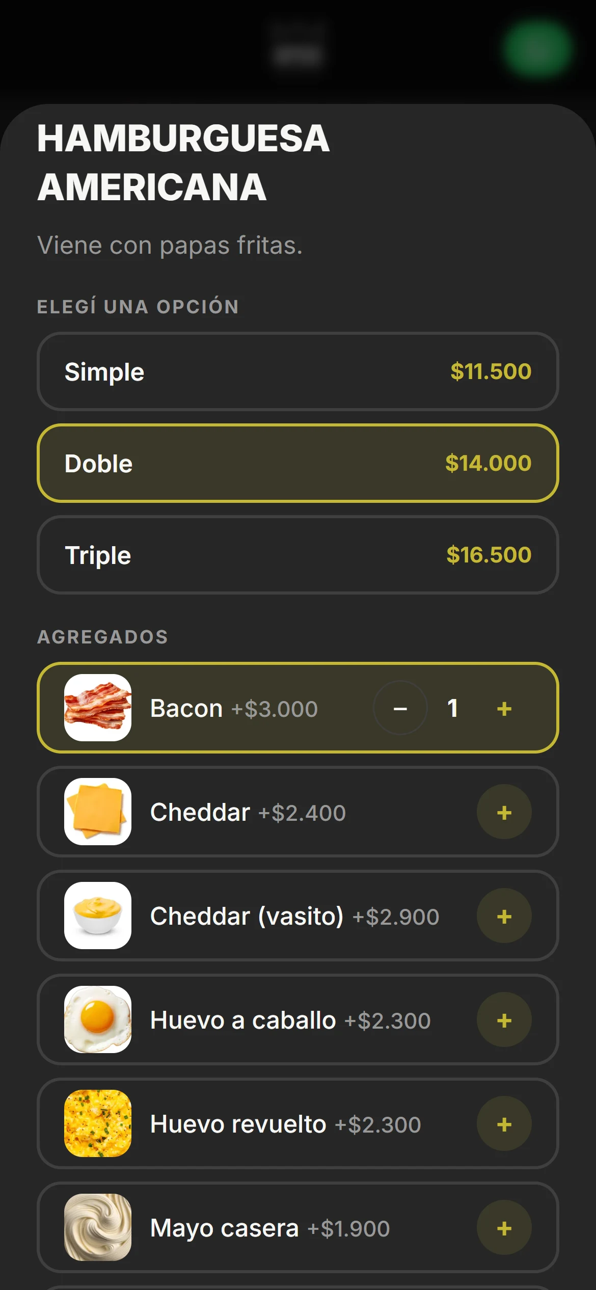 La ficha de una hamburguesa: simple, doble o triple, y agregados como bacon y cheddar con su precio