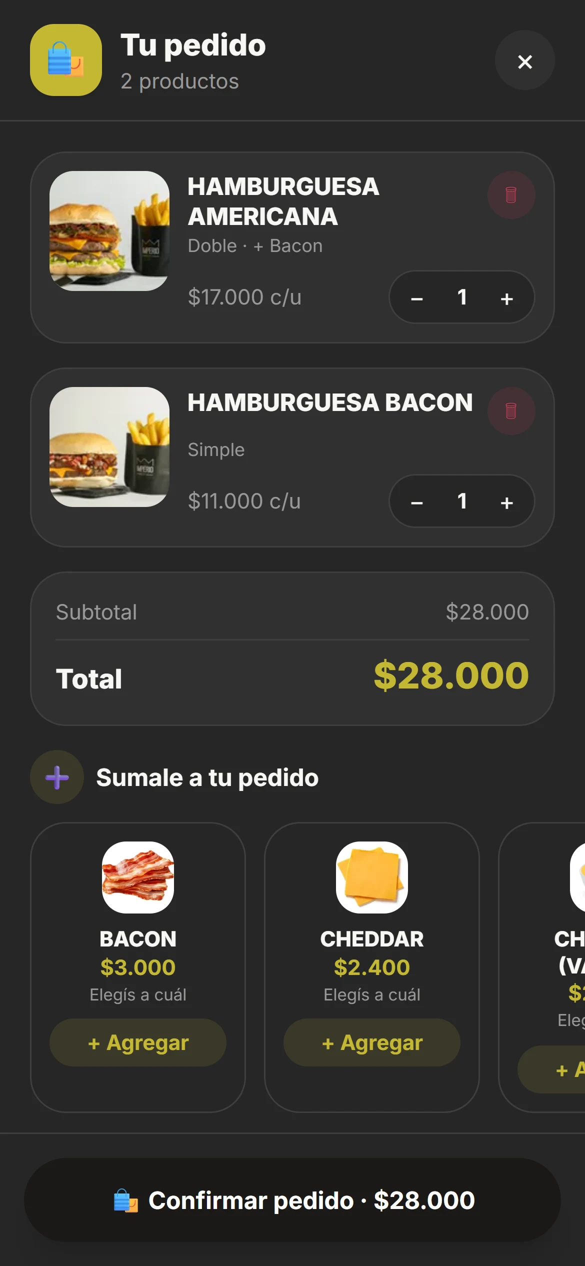 El carrito con los platos elegidos, el total y el botón Confirmar pedido