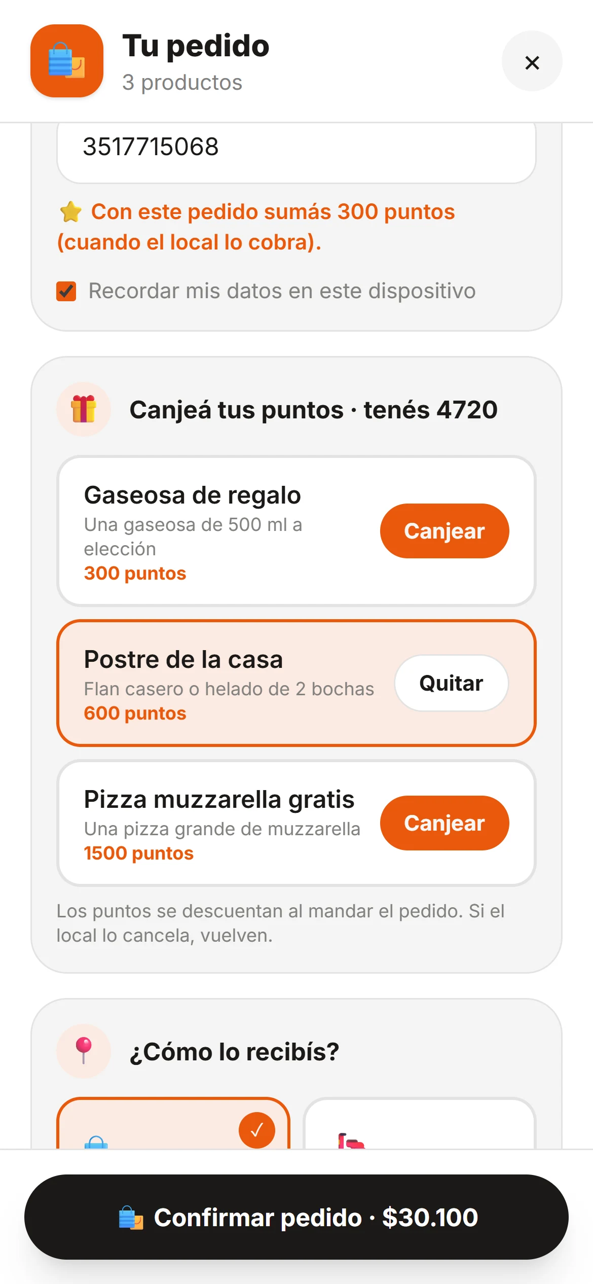 El cliente con su cuenta: suma puntos con el pedido y canjea un postre de regalo